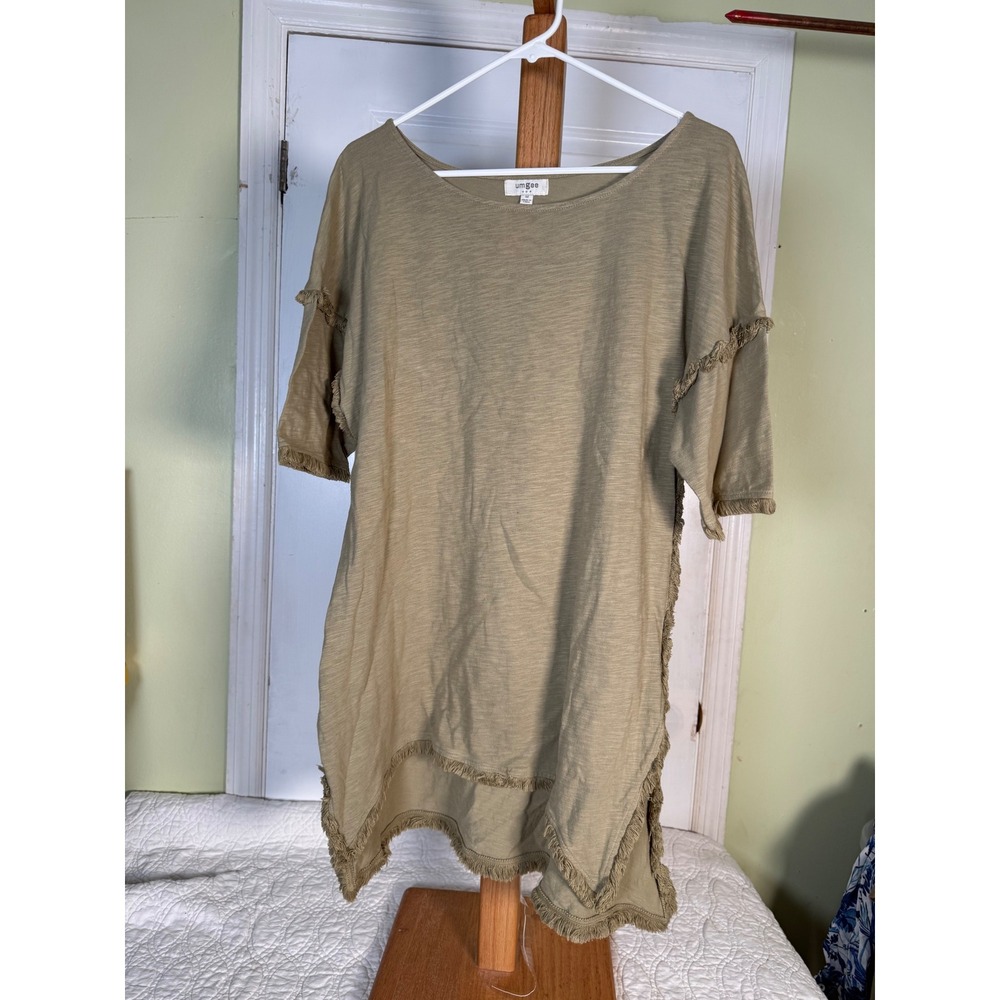 Umgee USA Womens Olive Green Frayed Fringe Trim Slub Knit Tunic Top Medium